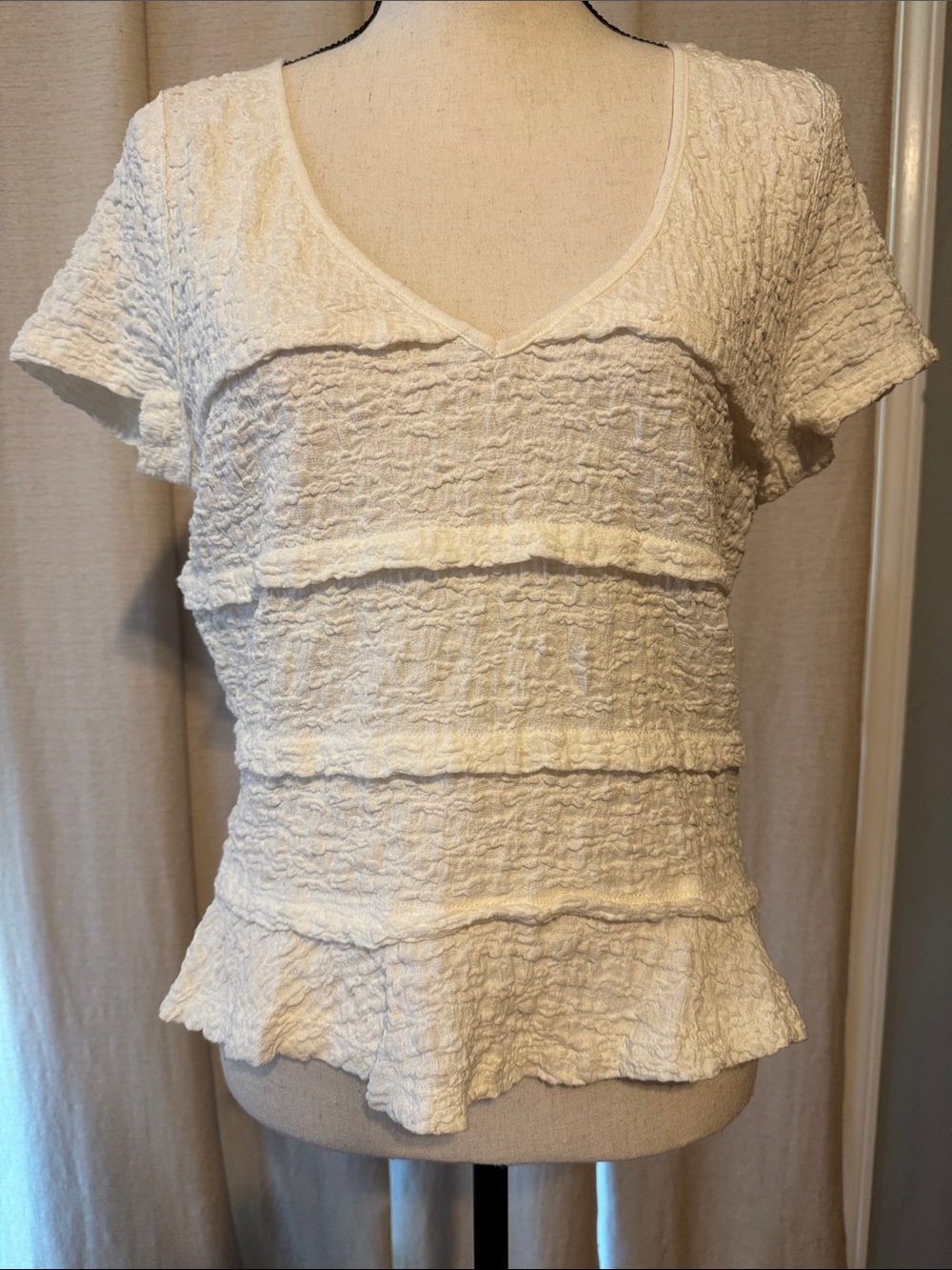 Free People Cream Textured V-Neck Short Sleeve Top